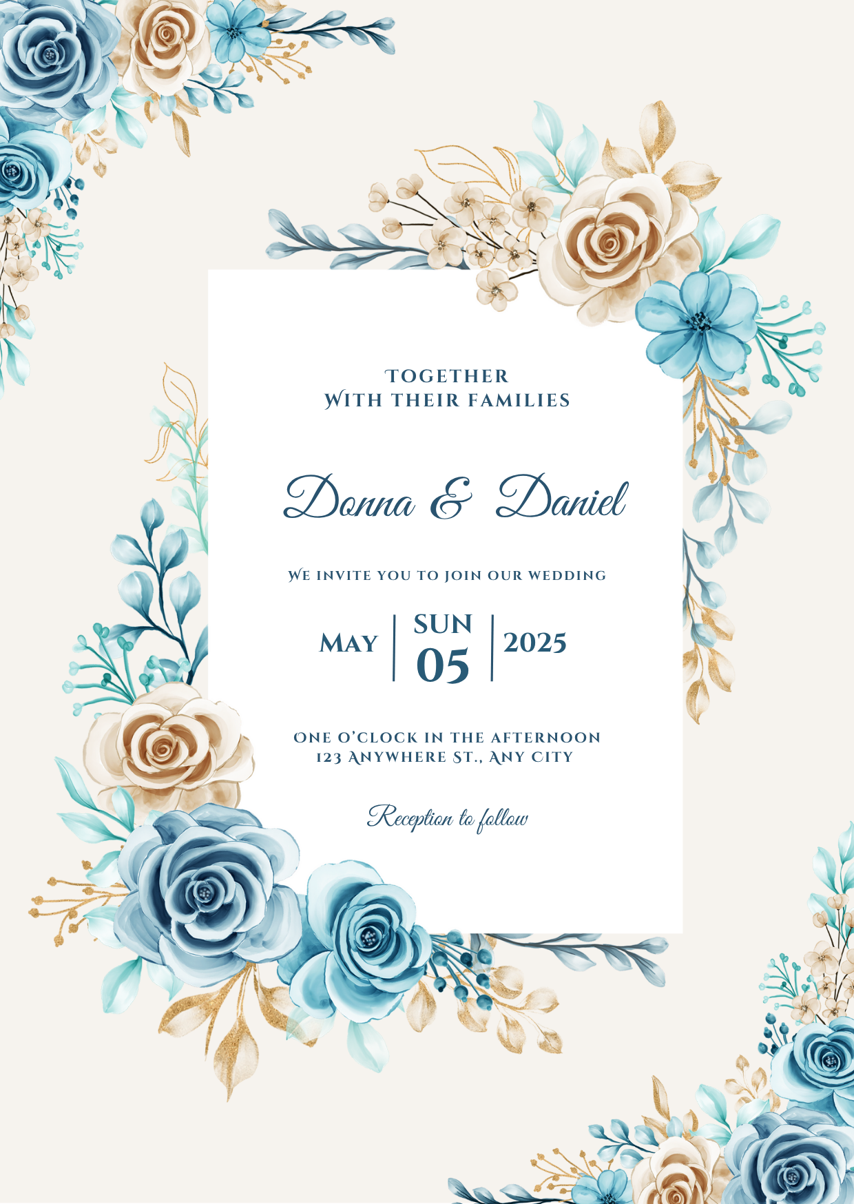Blue beige wedding invitation card floral watercolor arrangement