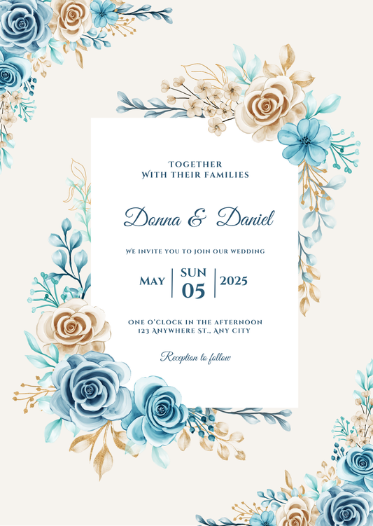 Blue beige wedding invitation card floral watercolor arrangement
