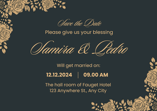 Gold and Dark Green Simple Floral Save the Date Wedding Card