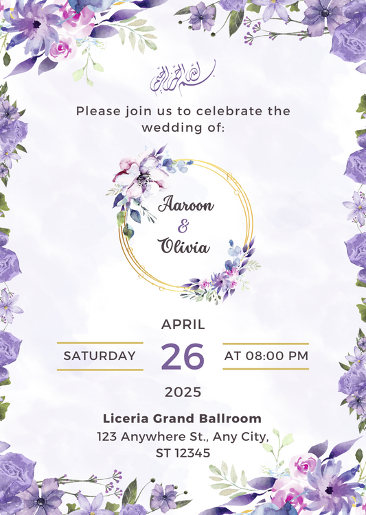 Purple Gold Aesthetic Watercolor Flower Wedding Invitation