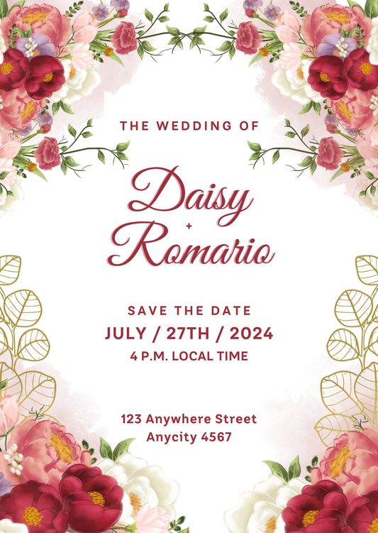 Red Gold Watercolor Floral Save The Date Invitation