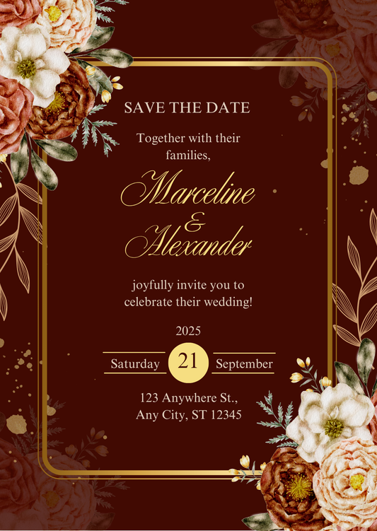 Red Maroon Gold Floral Elegant Wedding Invitation