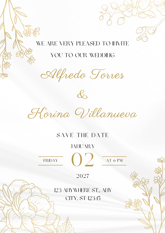 White & Gold Elegant Wedding Invitation Potrait